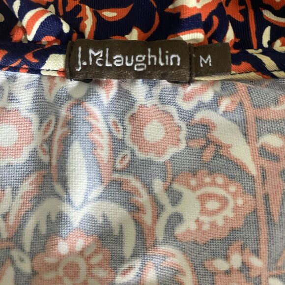 J MCLAUGHLIN Blouse Floral Ruffle V-Neck 3/4 Sleeve Stretch Womens M Blue Orange - Picture 5 of 10